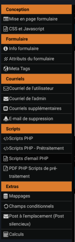 Menu de configuration du formulaire dans l'administration Joomla/RSForm